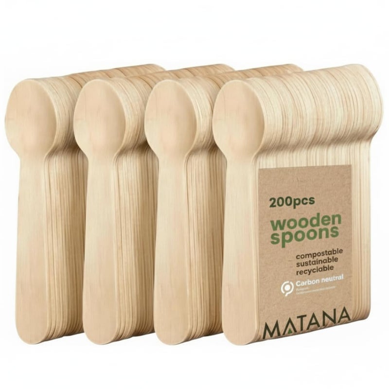 MATANA - 100% Natural Disposable Bamboo Wooden Spoons 6.3" Inch (200 Pack) - Compostable Cutlery, Biodegradable Utensils for Garden Parties & Summer Events - Image 1